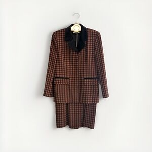 Vtg NEW Albert Nipon Skirt Suit 12 Copper Brown Black Houndstooth Career Busines